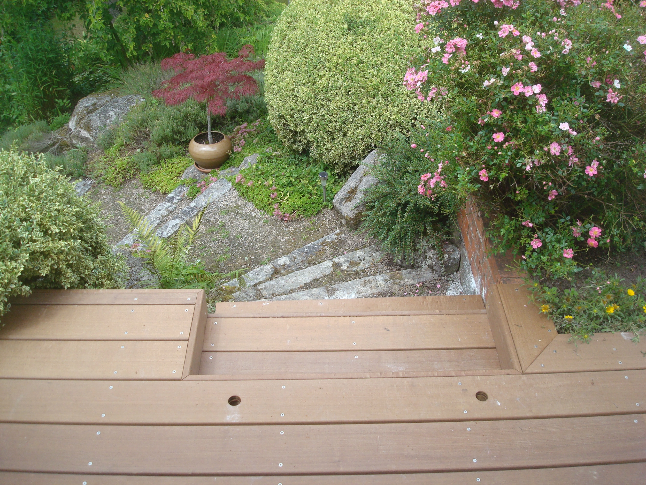 Escalier d'angle en bois menant de la terrasse vers un chemin de pierre et un massif de fleurs roses.