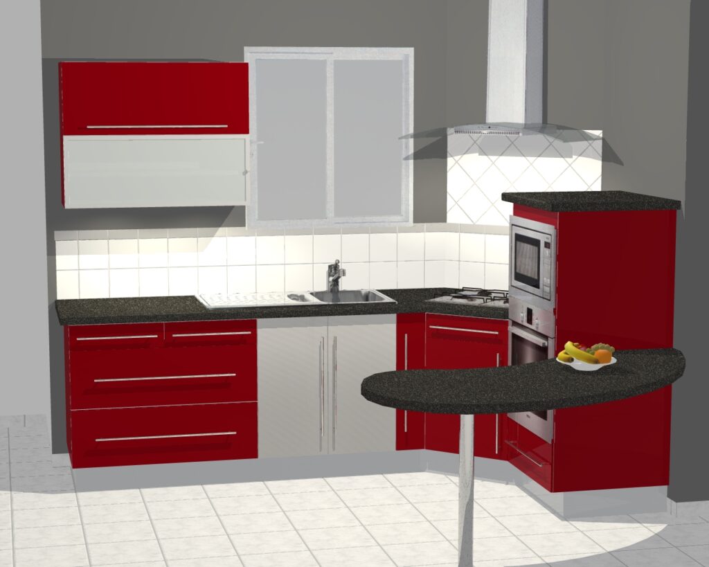 Conception 3D d'une contemporaine avec un espace pour déjeuner, des façades de placard rouge et un plan de travail gris moucheté.